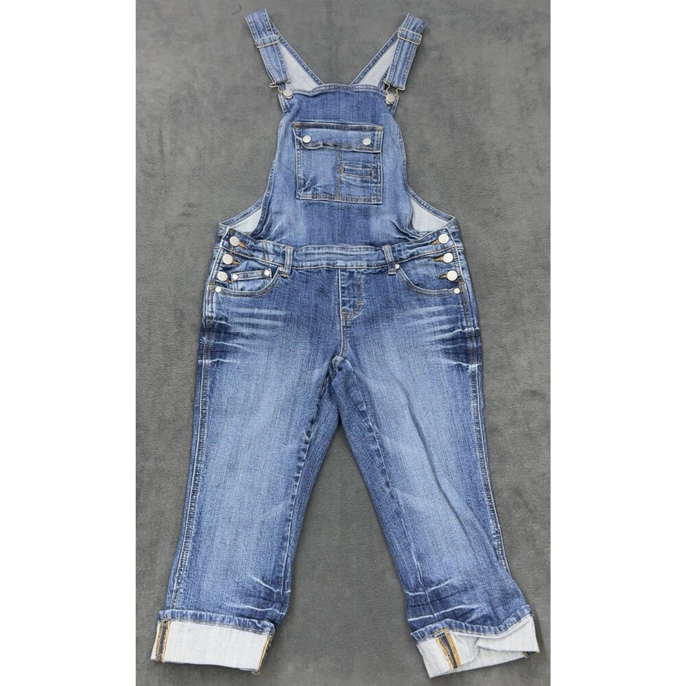 No Boundaries‎ Denim Overalls Juniors Size 9 Medium Wash Distressed Capri Crops